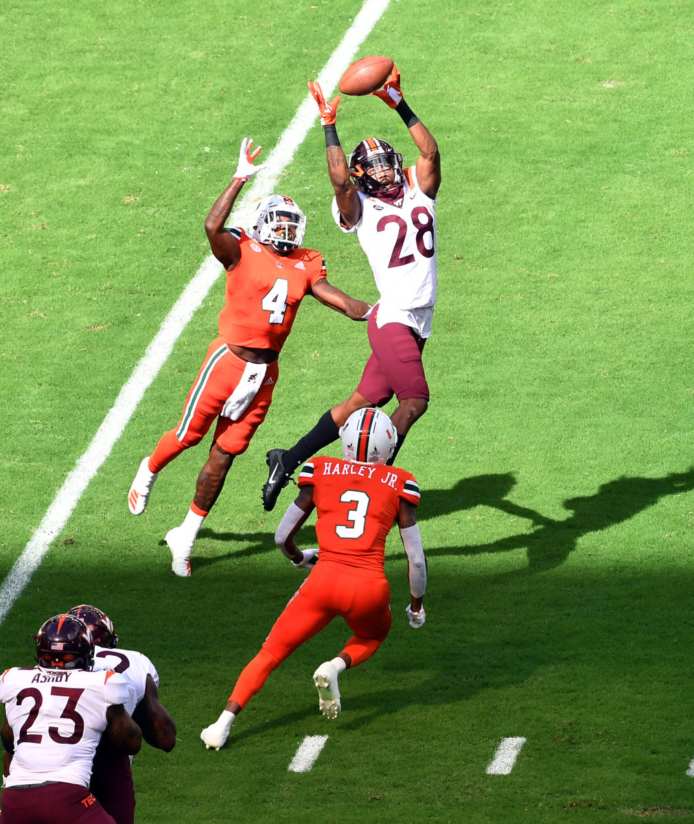 Strong corner play from Jermaine Waller (28) and Caleb Farley gives Justin Hamilton the freedom to get creative with his schemes. Photo: Steve Mitchell-USA TODAY Sports.